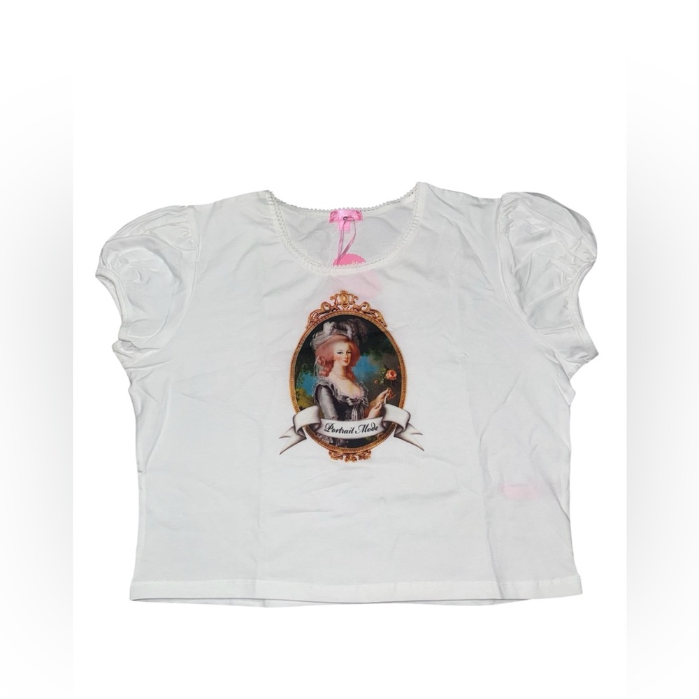 Women’s White Marie Antoinette Graphic Baby Tee “Portrait Mode” Puff Sleeve XL